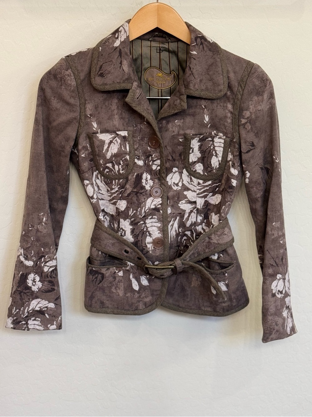 Etro Milano Taupe Gray Floral Print Belted Utility Jacket Blazer Size IT 40 US 4